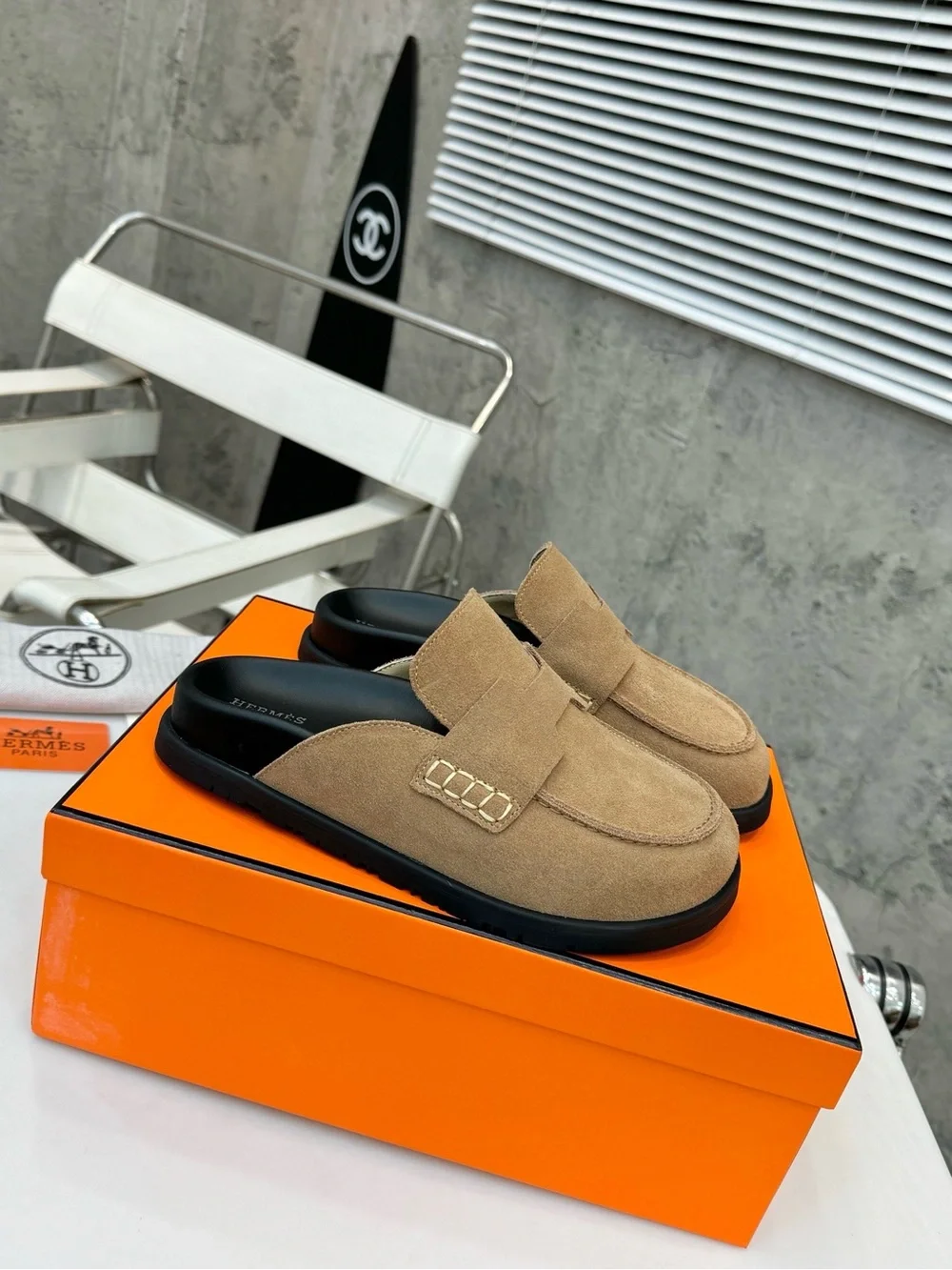 Hermes Men’s Beige Suede Slip-On Loafers with Black Insoles
